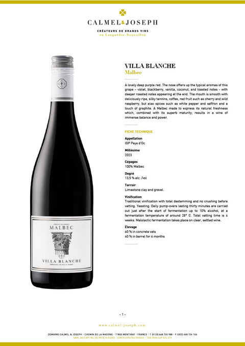 Calmel Joseph Villa Blanche Malbec 2023