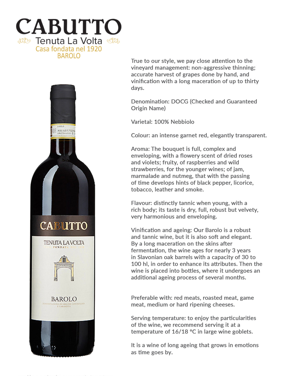 Cabutto Barolo Tenuta La Volta Barolo D.O.C.G. 2020